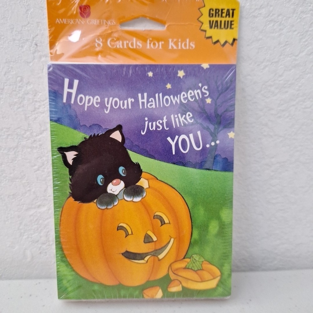 Vintage American Greetings Halloween Cards Black Cat On Pumpkin 8 Cards
